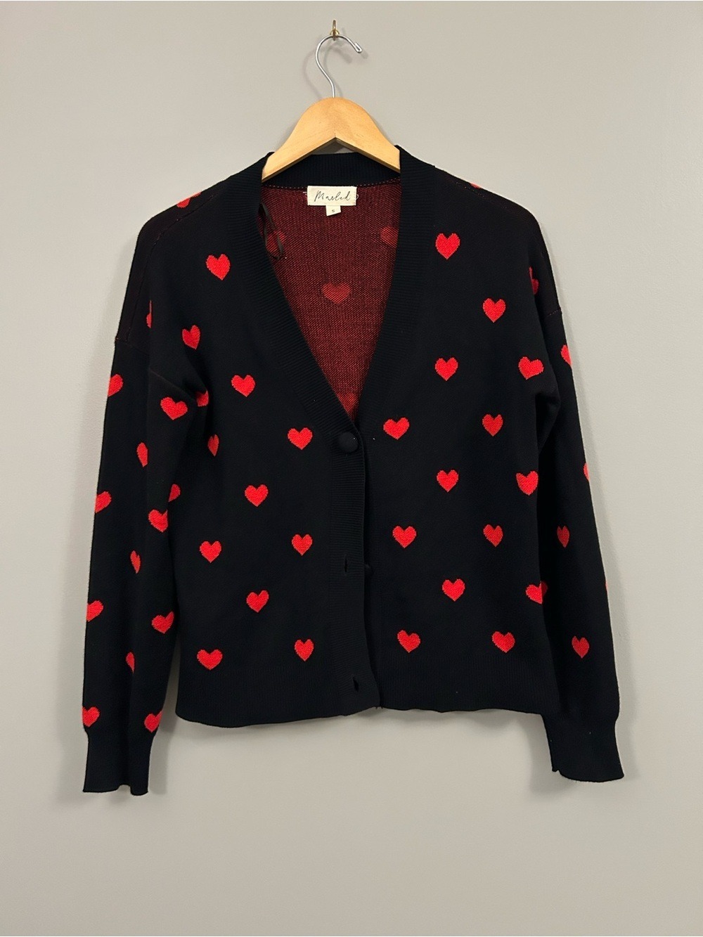 Marled Black Cardigan with Red Heart Pattern